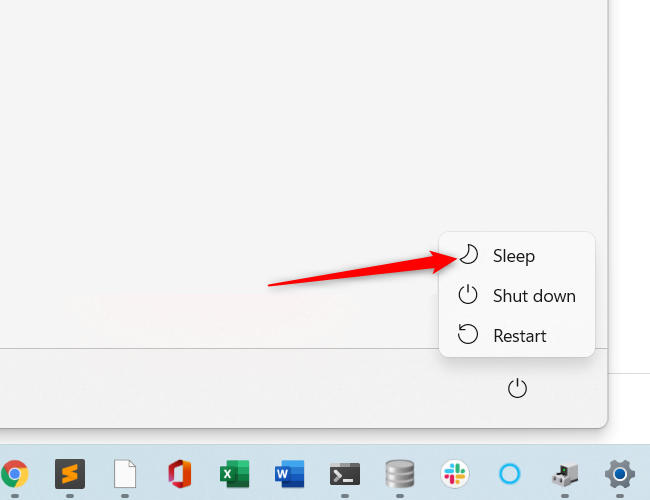 A red arrow pointing to the Sleep option in Windows 11.