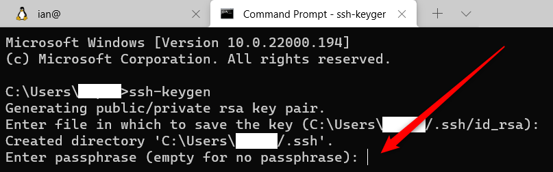 The Windows 11 Command Prompt asking to create a password for the newly created SSH key.