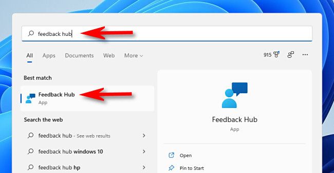 Search "feedback hub" in Start and click the Feedback Hub icon.