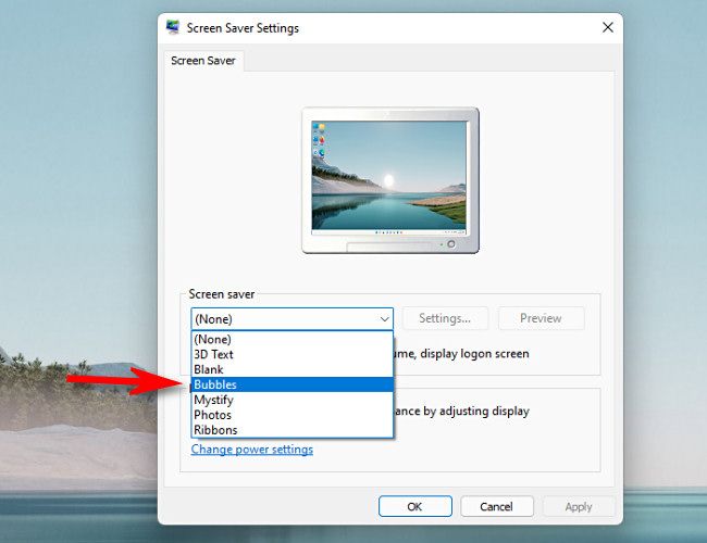 Select a screensaver in the drop-down menu.