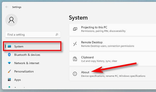 In Windows 11 Settings, click "System," then select "About."