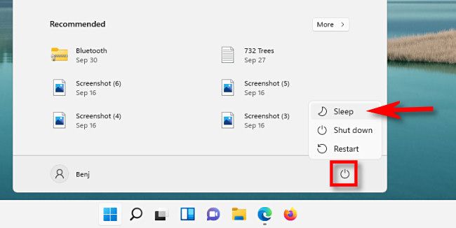 In the Windows 11 Start menu, click the power button then select "Sleep."
