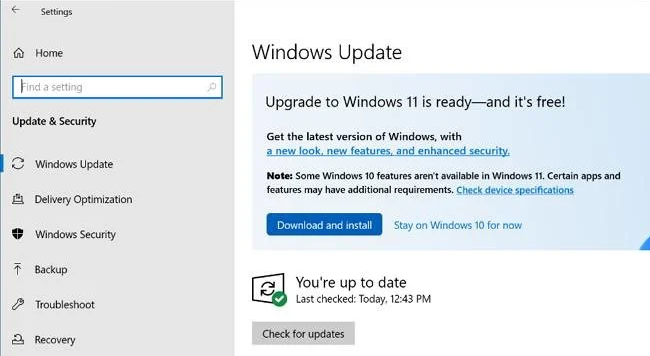 Windows Update offering Windows 11 on Windows 10.