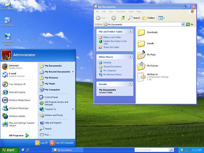 A screenshot of Windows XP showing the Start menu and Windows Explorer.