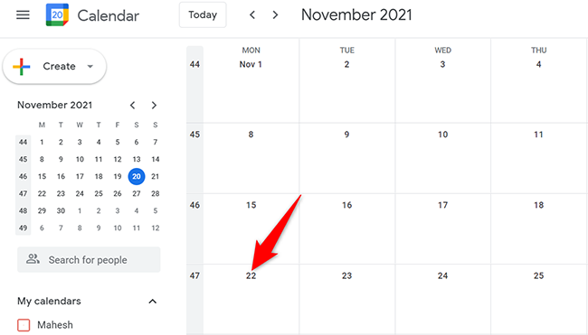 Select a date in Google Calendar.