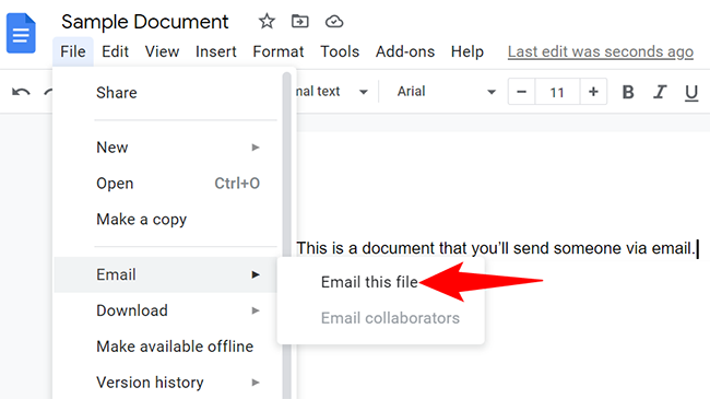 Choose File > Email > Email This File from Google Docs' menu bar.