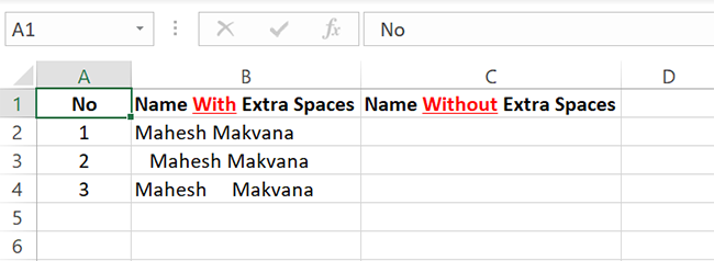 An Excel spreadsheet with extra spaces.
