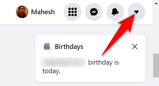 Click the down-arrow icon in the top-right corner of the Facebook site.