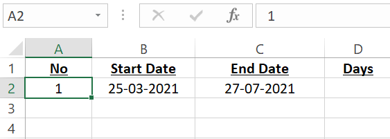 An Excel spreadsheet with a start and an end date.