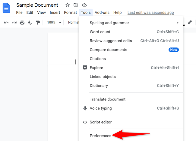 Select Tools > Preferences in Google Docs.