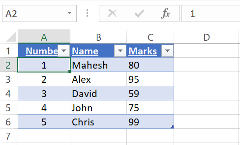 Click a cell in a table in Excel.