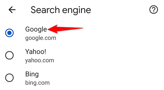 List of search engines in Chrome on mobile.