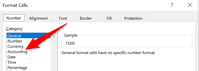Select "Accounting" on the "Format Cells" window.