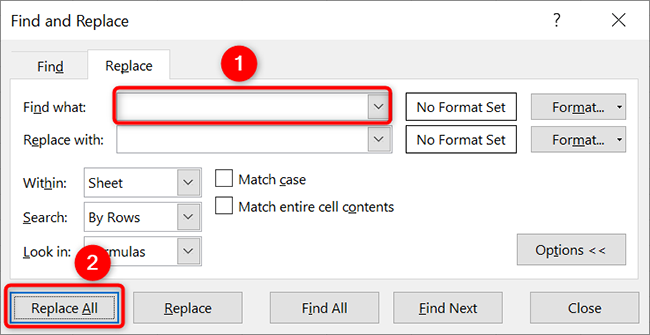 Enter a space in the "Find What" box and click "Replace All."