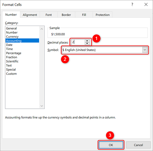Configure the accounting number format.