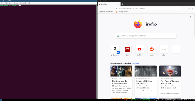 Firefox and a terminal window with a horizontal split