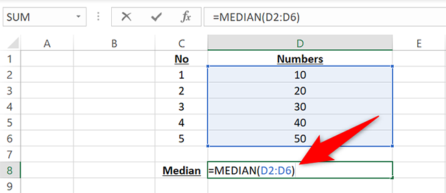 Type the MEDIAN function in the selected cell.