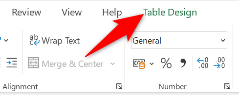 Click the "Table Design" tab in Excel.