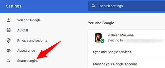 Select "Search Engine" on the "Settings" page.