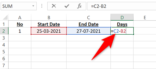 Enter the formula to find the number of days between two dates.