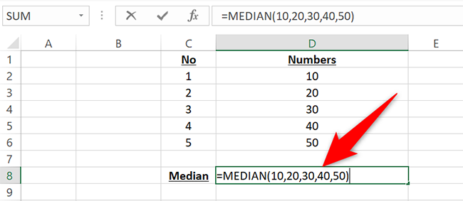 Enter the MEDIAN function with direct values.