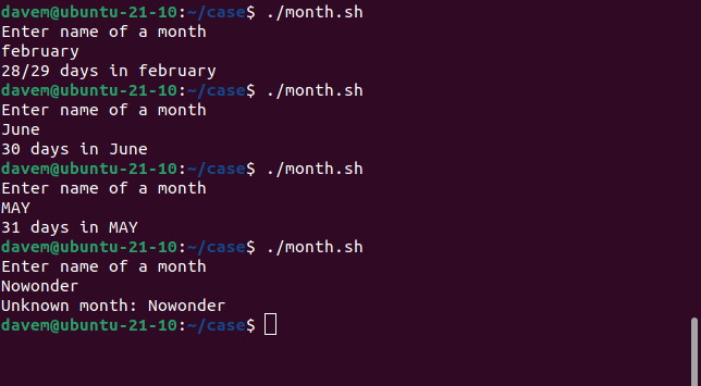 Running the month.sh script with different case inputs