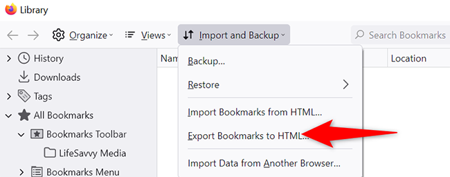 Select Import and Backup > Export Bookmarks to HTML on the "Library" window.