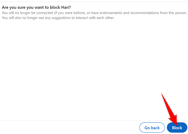 Click "Block" to block a LinkedIn user.