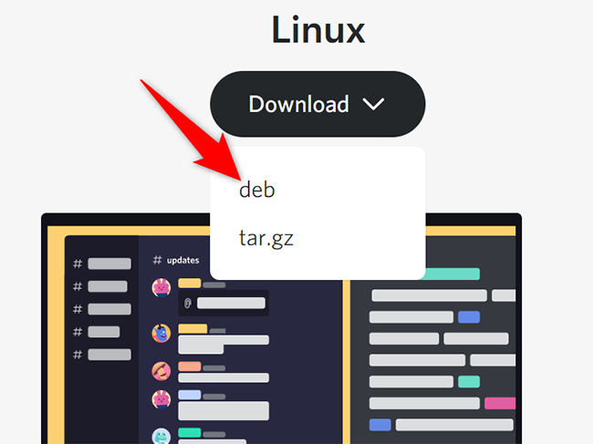 Select Linux > Download > DEB on the Discord download site.