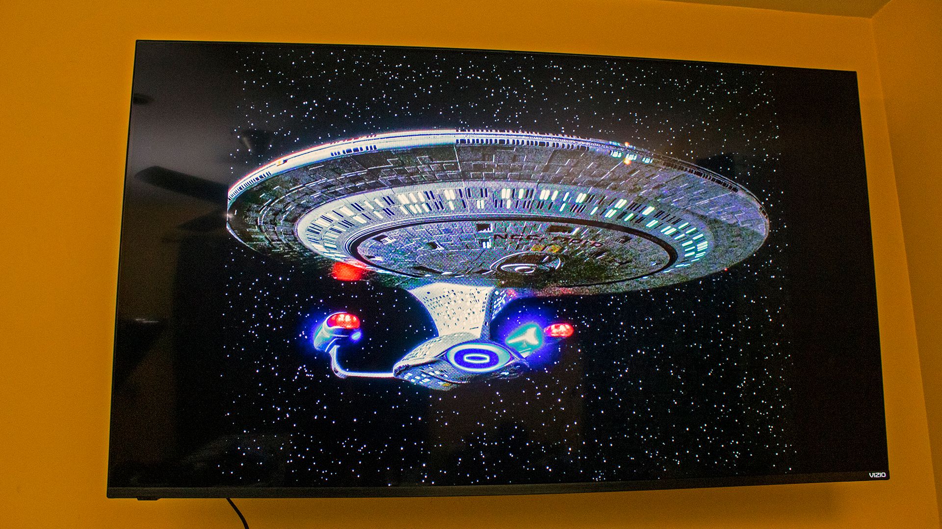 An episode of 'Star Trek: TNG' showing the Enterprise-D on a TV