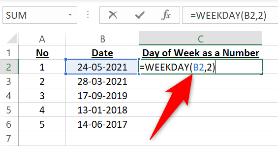 Type the custom WEEKDAY function.