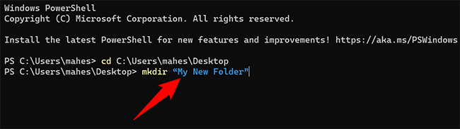 Create a new folder on the desktop with Windows Terminal.
