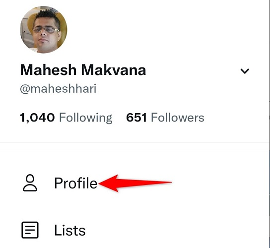 Select "Profile" from the Twitter app menu.