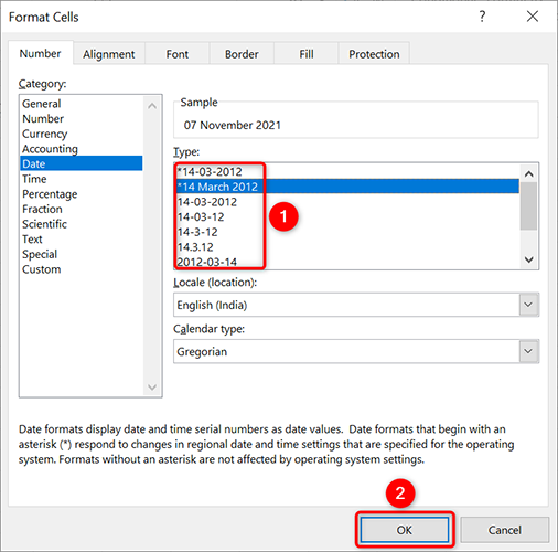 Select a date format and click "OK" on the "Format Cells" window.