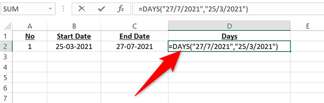 Enter the DAYS function with direct values.