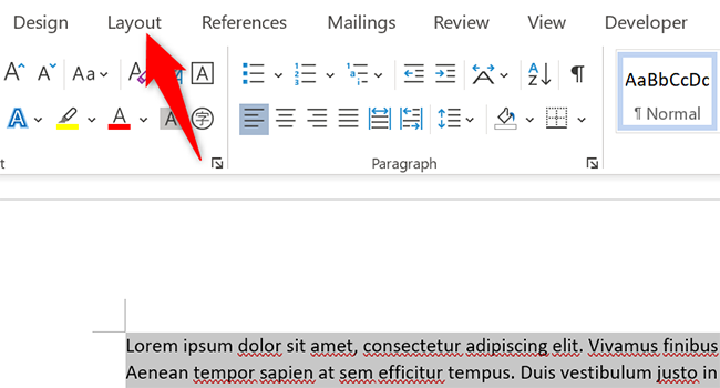 Select the "Layout" tab in Word.