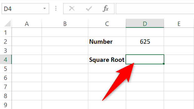 Select a cell to display the square root function result.
