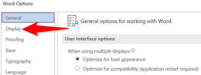 Click "Display" on the "Word Options" window.