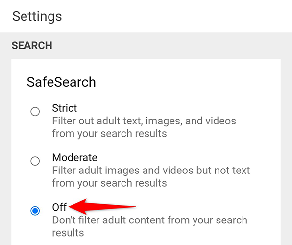 Select "Off" for "SafeSearch" on Bing.