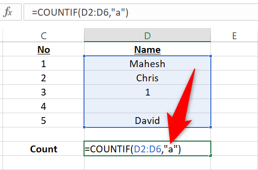 Enter the COUNTIF function to count cells only containing specific text.