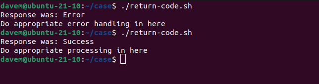 Running the return-code.sh script showing the handling of different exit codes