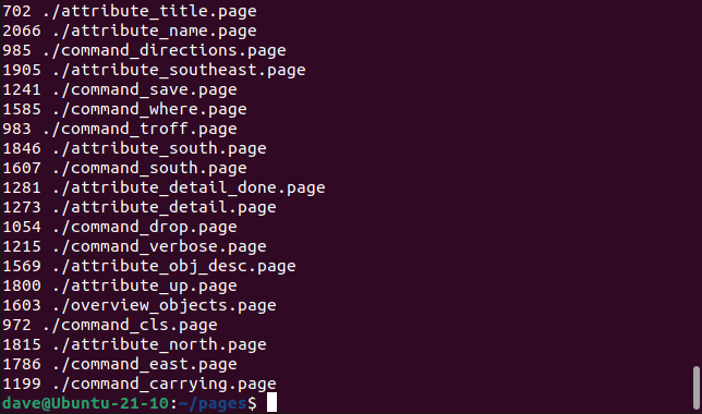 The output from using -exec to send many single filenames to wc