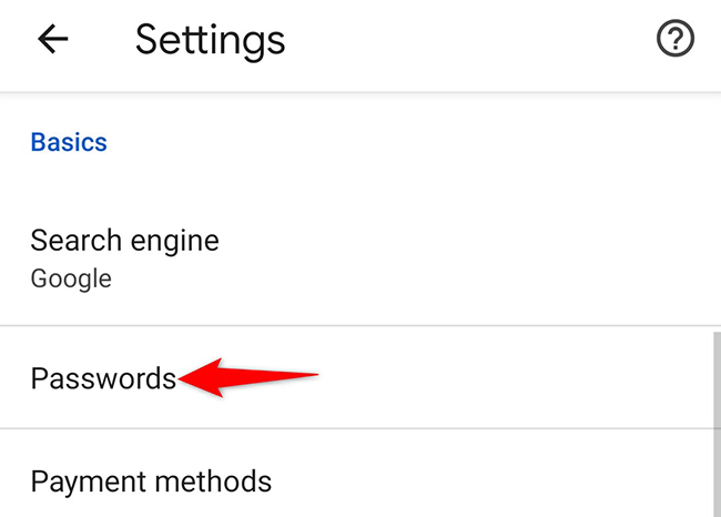 Tap "Passwords" on the "Settings" page.