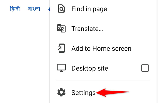 The Settings option in Chrome on mobile.