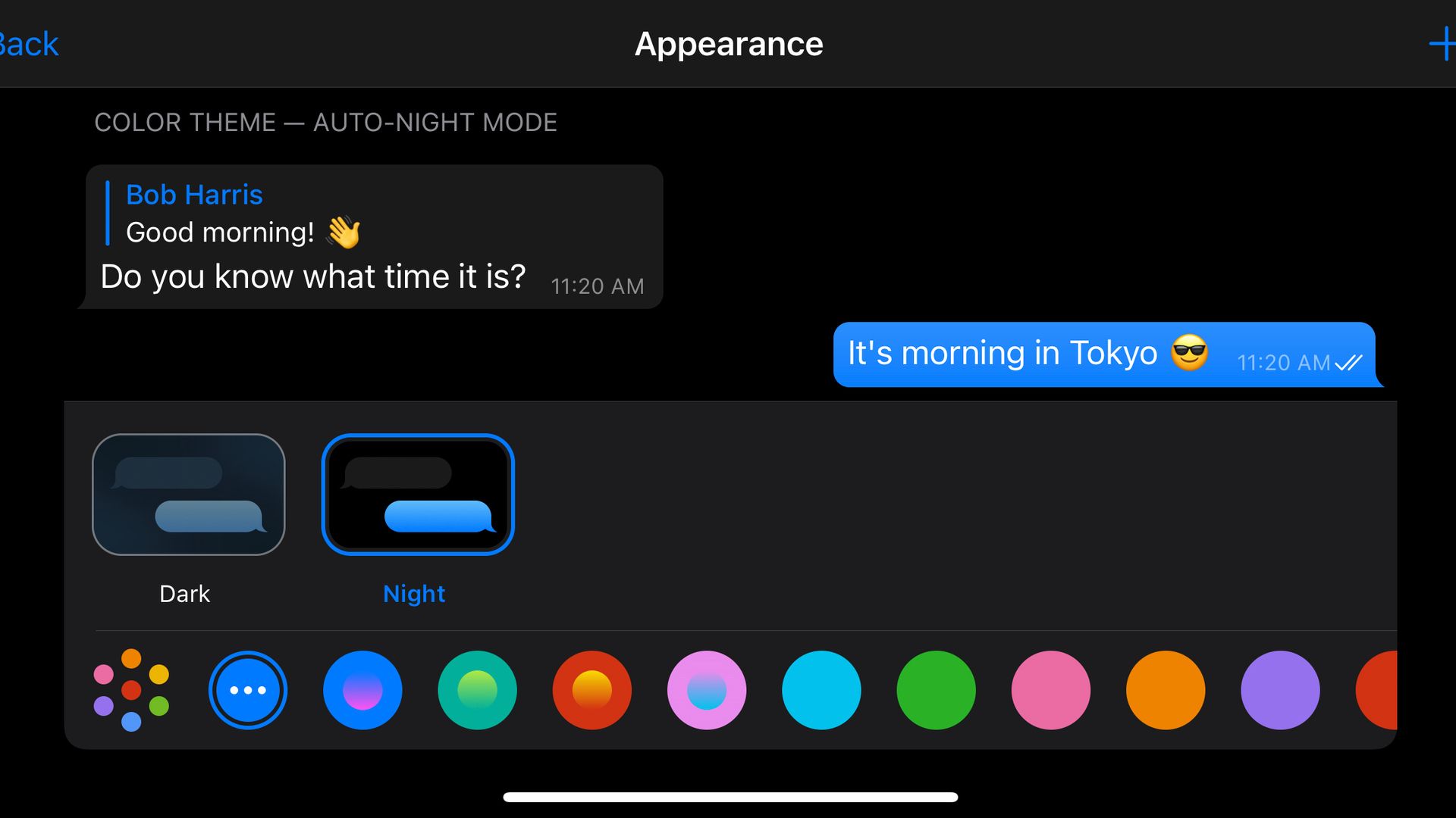 Telegram's appearance customization screen on iOS.