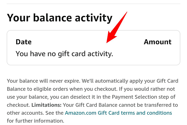 Redeemed gift cards in the Amazon app.