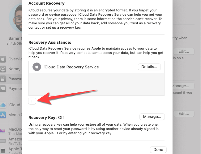 Click the "+" (plus) icon to add a new recovery contact.