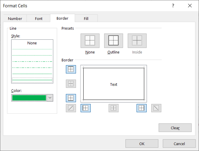 Choose Font, Border, and Fill for the custom format
