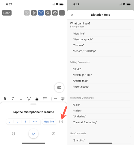 Help with dictation in Word mobile