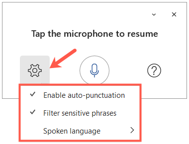 Dictation settings in Word desktop